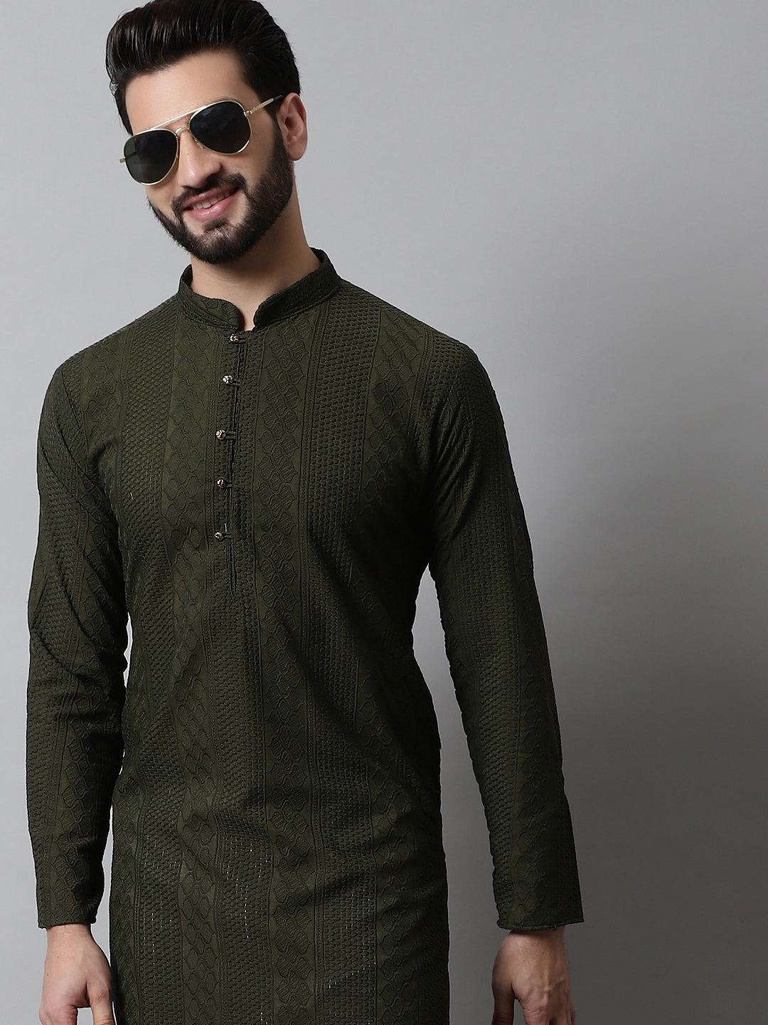 Jompers Men's Embroiderd Kurta Pajama - Olive