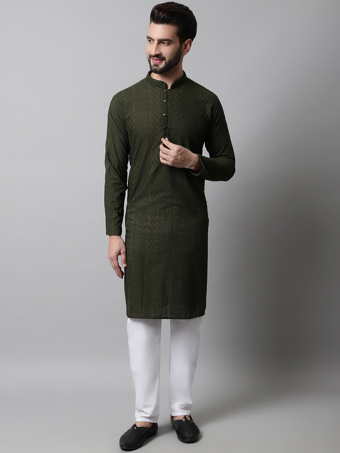 Jompers Men's Embroiderd Kurta Pajama - Olive