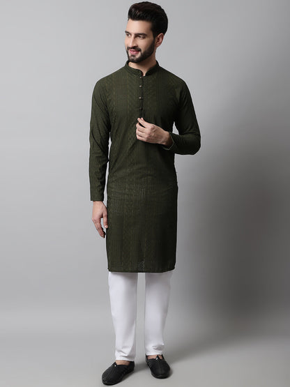 Jompers Men's Embroiderd Kurta Pajama - Olive