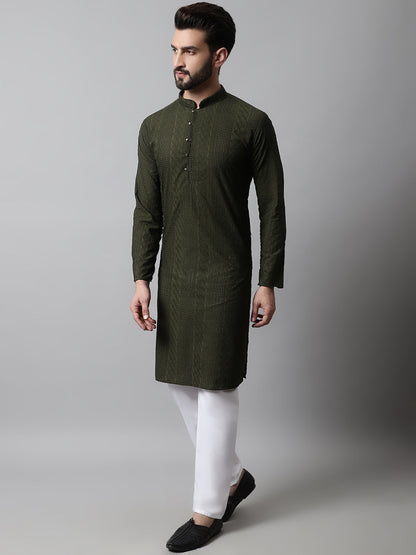 Jompers Men's Embroiderd Kurta Pajama - Olive