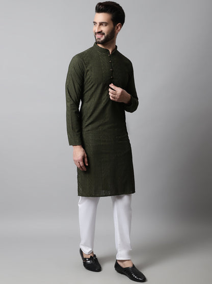 Jompers Men's Embroiderd Kurta Pajama - Olive