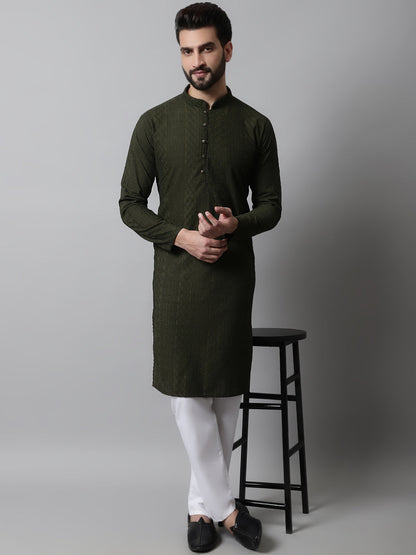 Jompers Men's Embroiderd Kurta Pajama - Olive