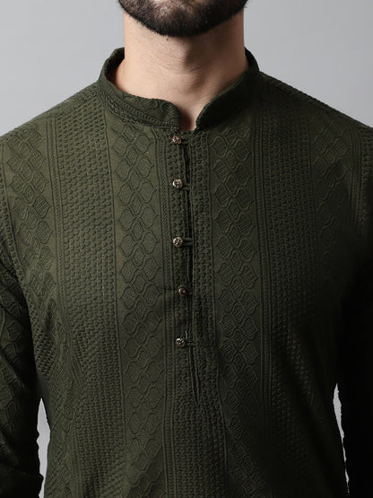 Jompers Men's Embroiderd Kurta Pajama - Olive