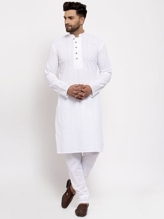Jompers Men White Embroidered Kurta with Pyjamas