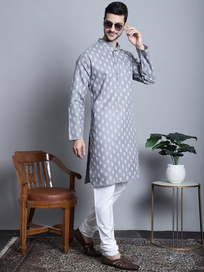 Jompers Men's Cotton Floral printed kurta Pyjama - Dark-Grey