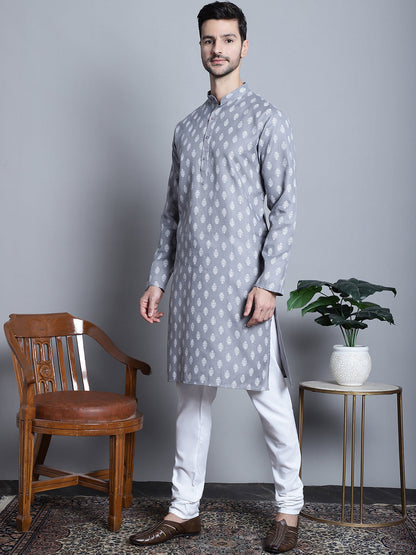 Jompers Men's Cotton Floral printed kurta Pyjama - Dark-Grey