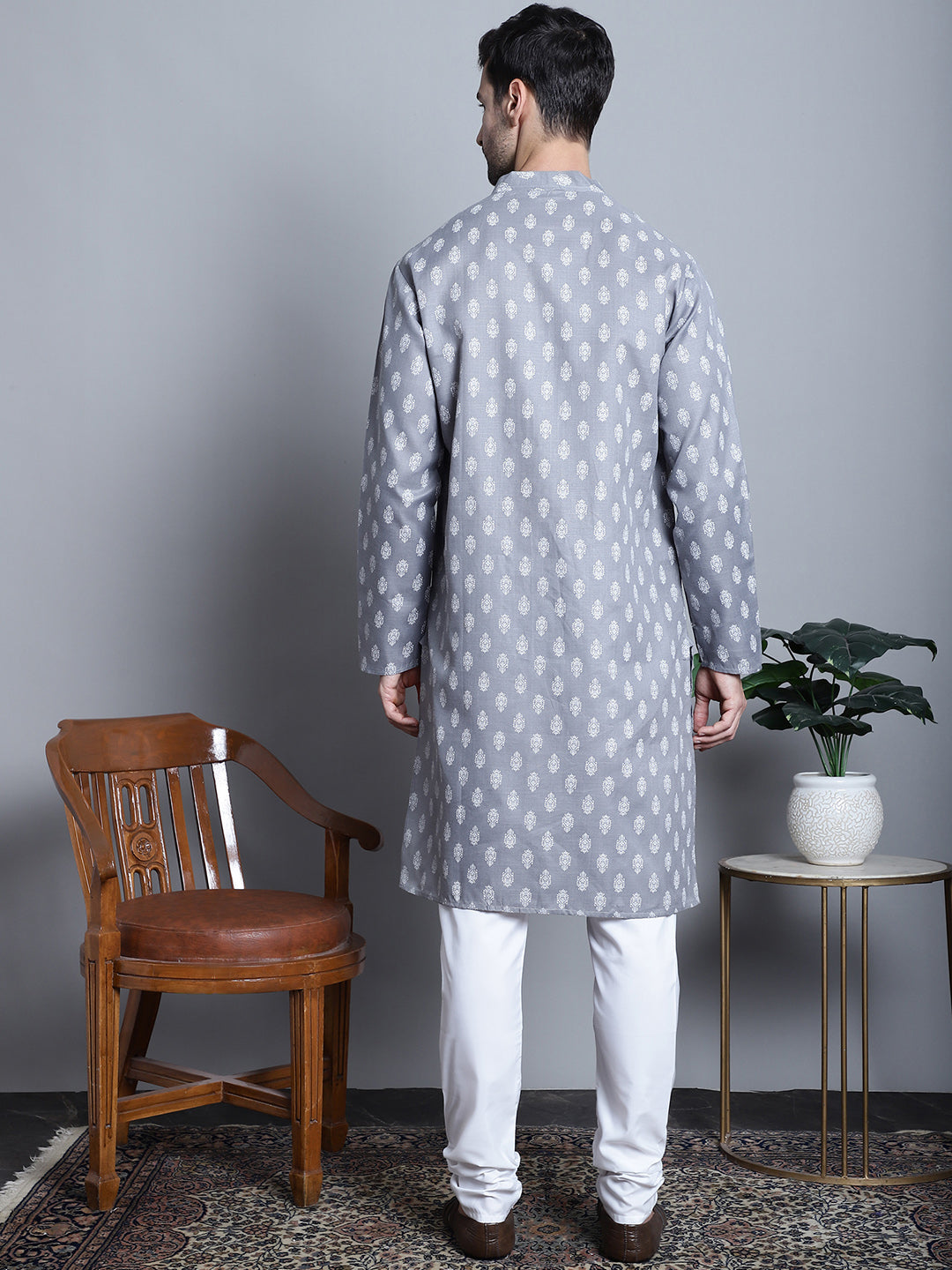 Jompers Men's Cotton Floral printed kurta Pyjama - Dark-Grey