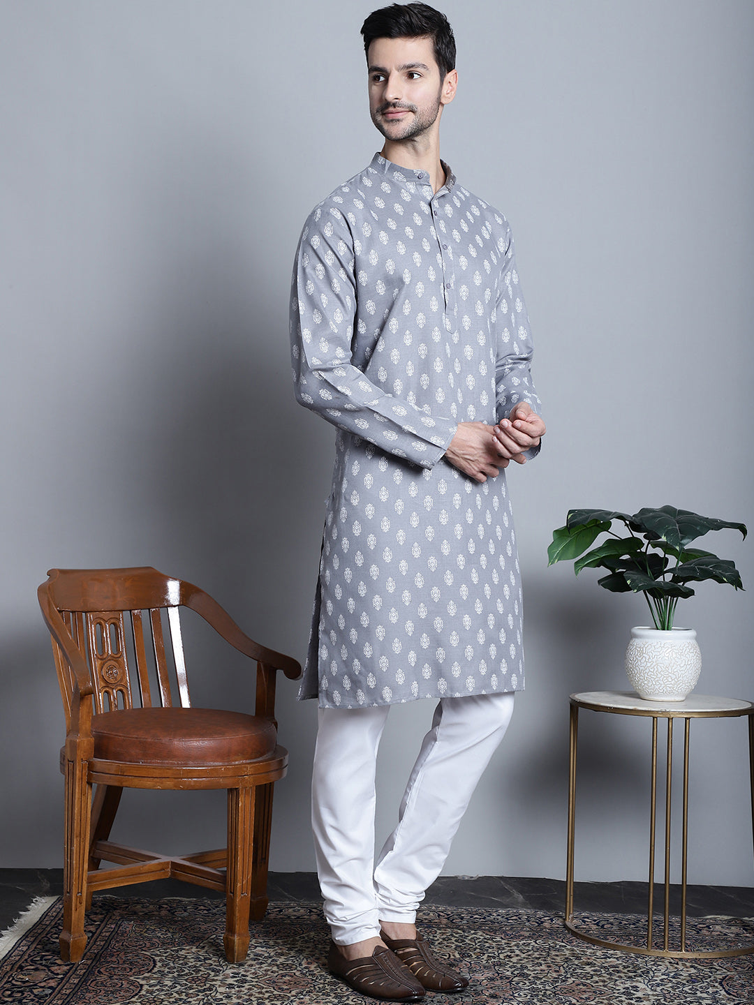 Jompers Men's Cotton Floral printed kurta Pyjama - Dark-Grey
