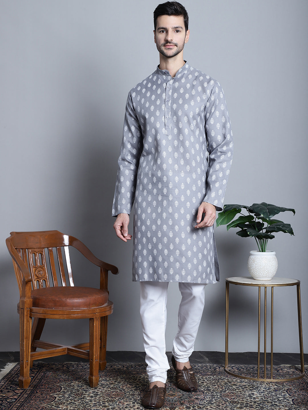 Jompers Men's Cotton Floral printed kurta Pyjama - Dark-Grey