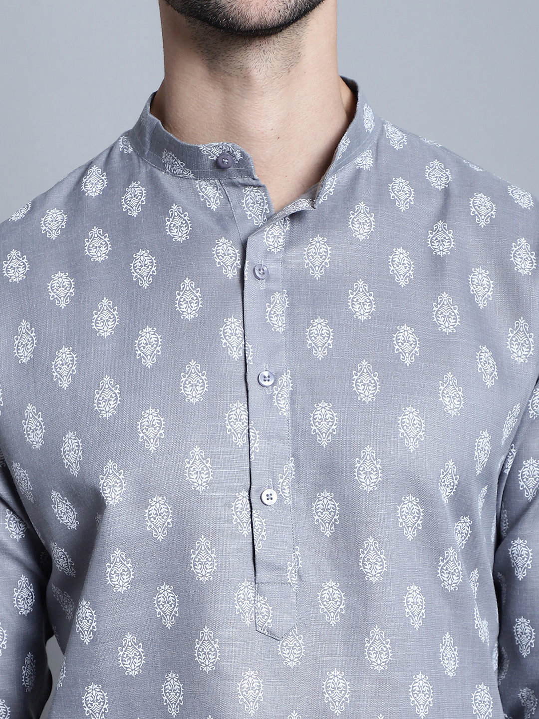 Jompers Men's Cotton Floral printed kurta Pyjama - Dark-Grey