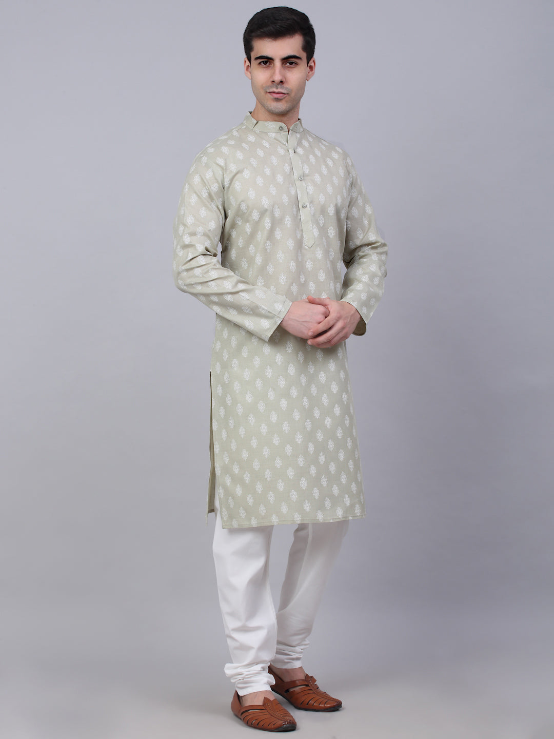 Jompers Men's Cotton Floral printed kurta Pyjama Set - Grey