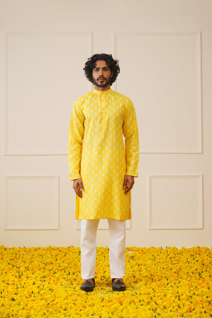 Jompers Men's Cotton Floral printed kurta Pyjama Set - Lemon