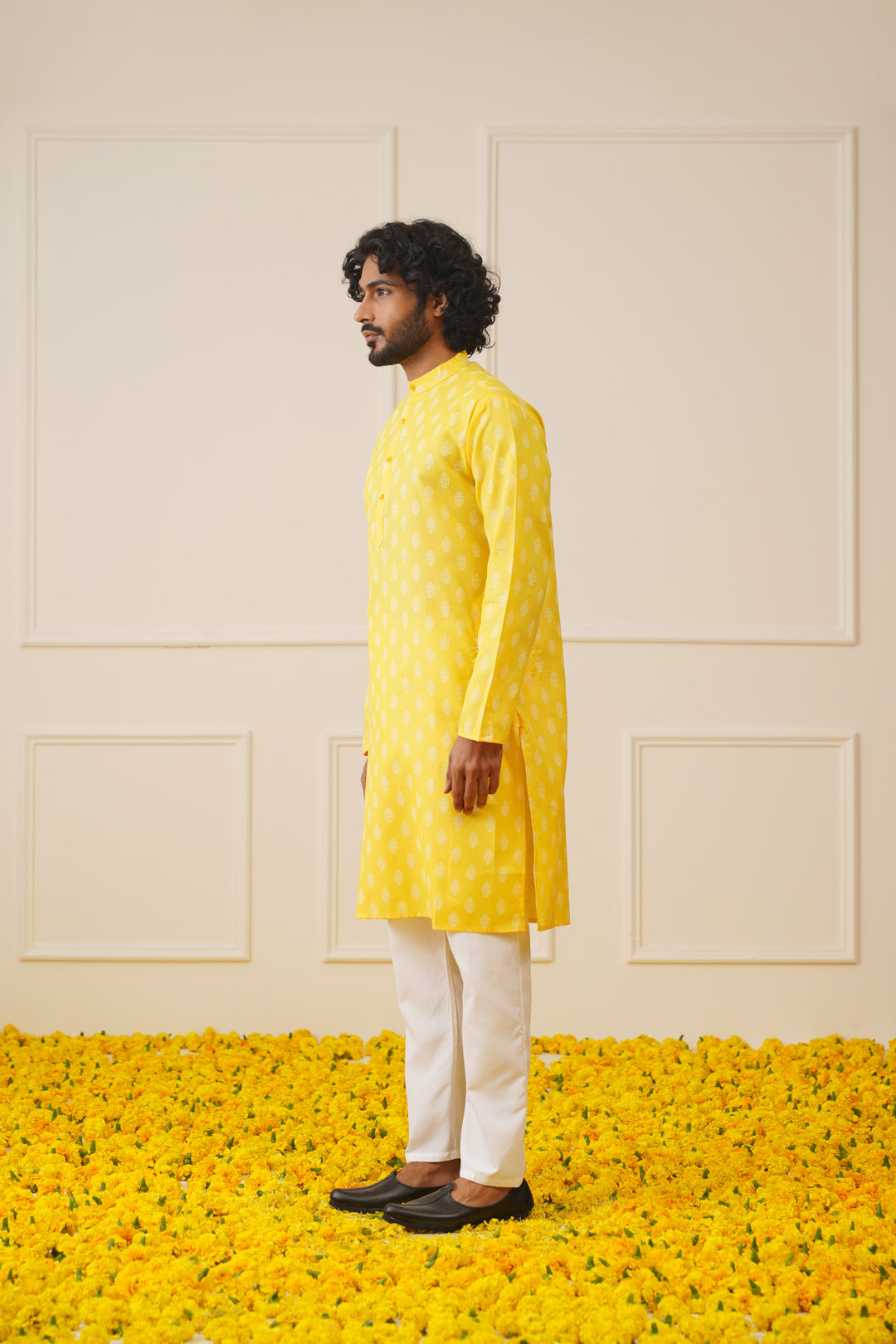 Jompers Men's Cotton Floral printed kurta Pyjama Set - Lemon
