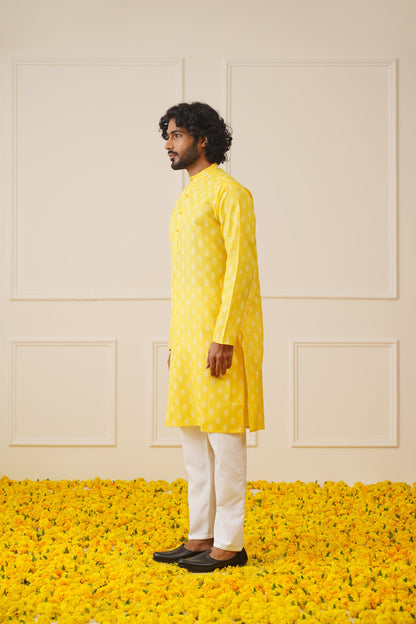 Jompers Men's Cotton Floral printed kurta Pyjama Set - Lemon