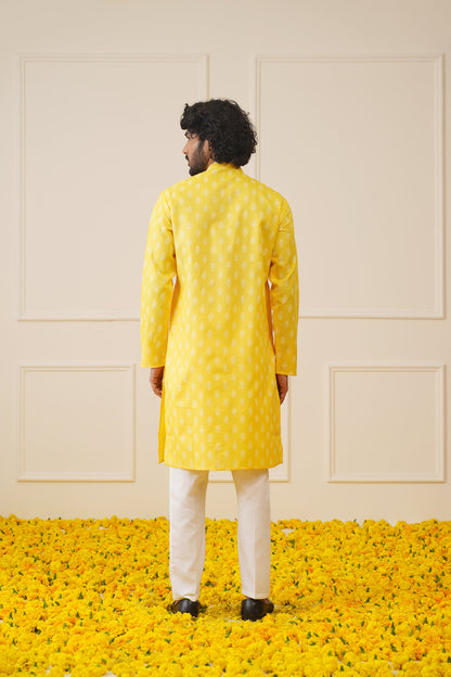Jompers Men's Cotton Floral printed kurta Pyjama Set - Lemon