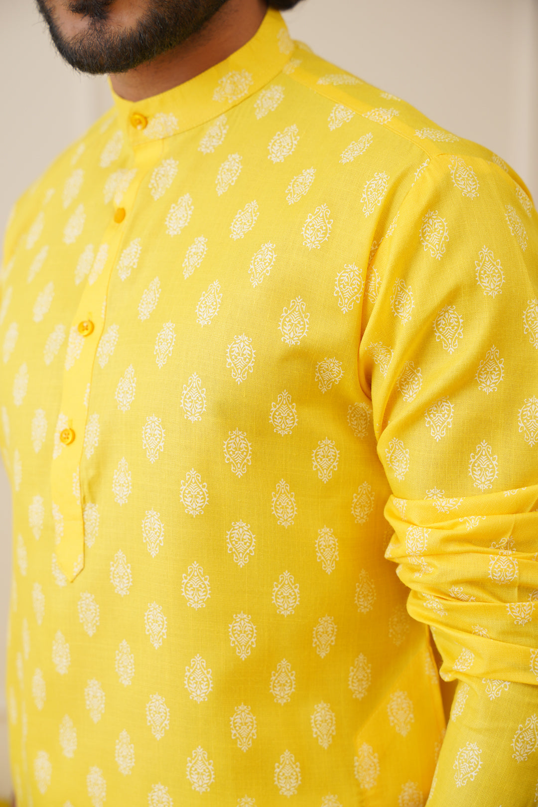 Jompers Men's Cotton Floral printed kurta Pyjama Set - Lemon