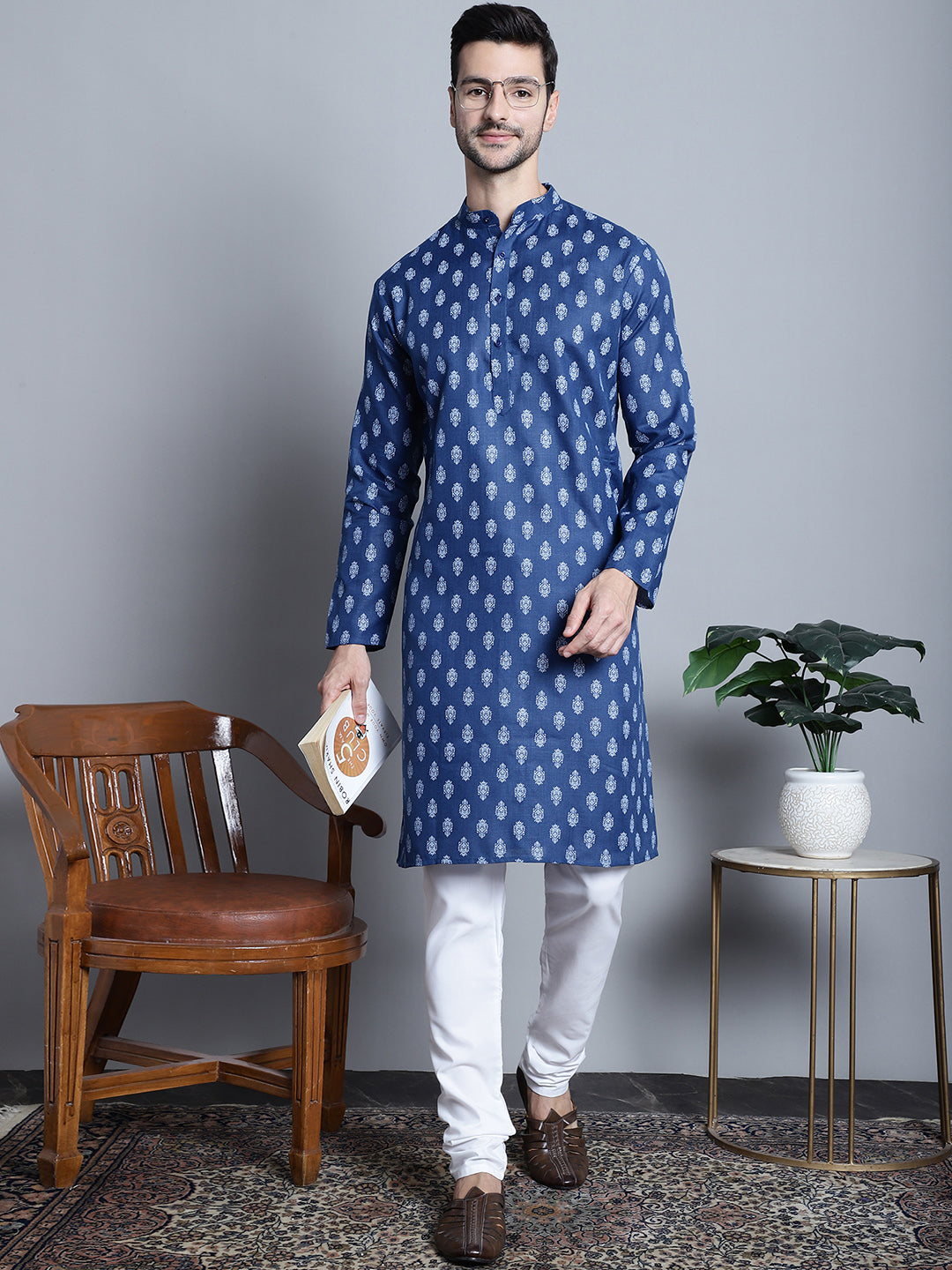 Jompers Men's Cotton Floral printed kurta Pyjama - Navy Blue
