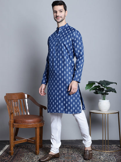 Jompers Men's Cotton Floral printed kurta Pyjama - Navy Blue