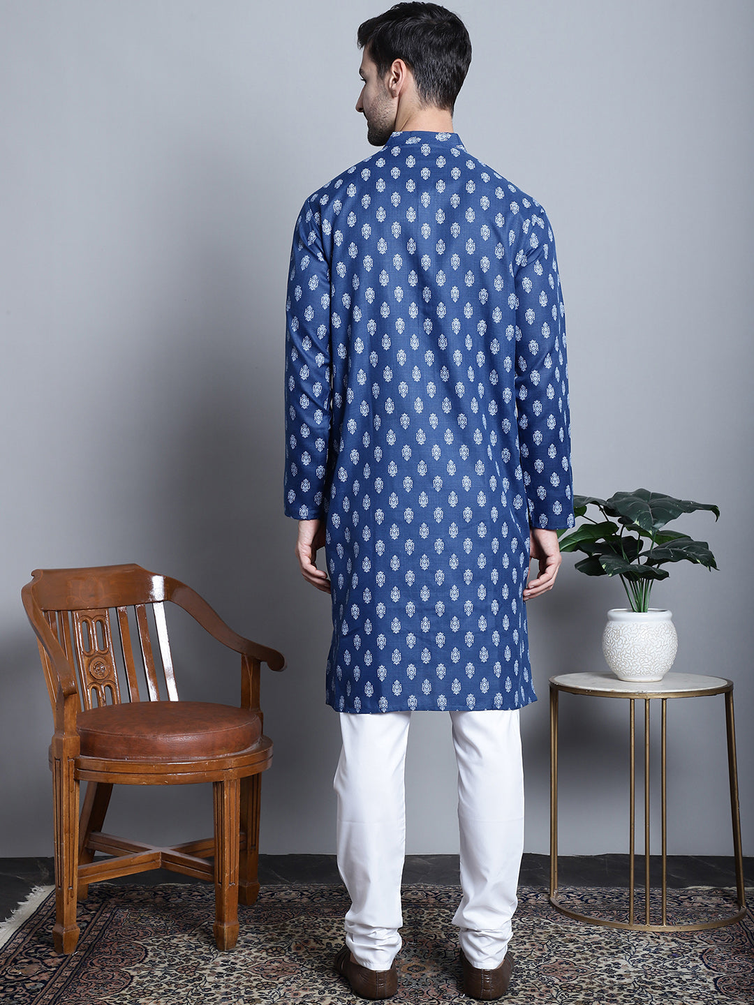 Jompers Men's Cotton Floral printed kurta Pyjama - Navy Blue