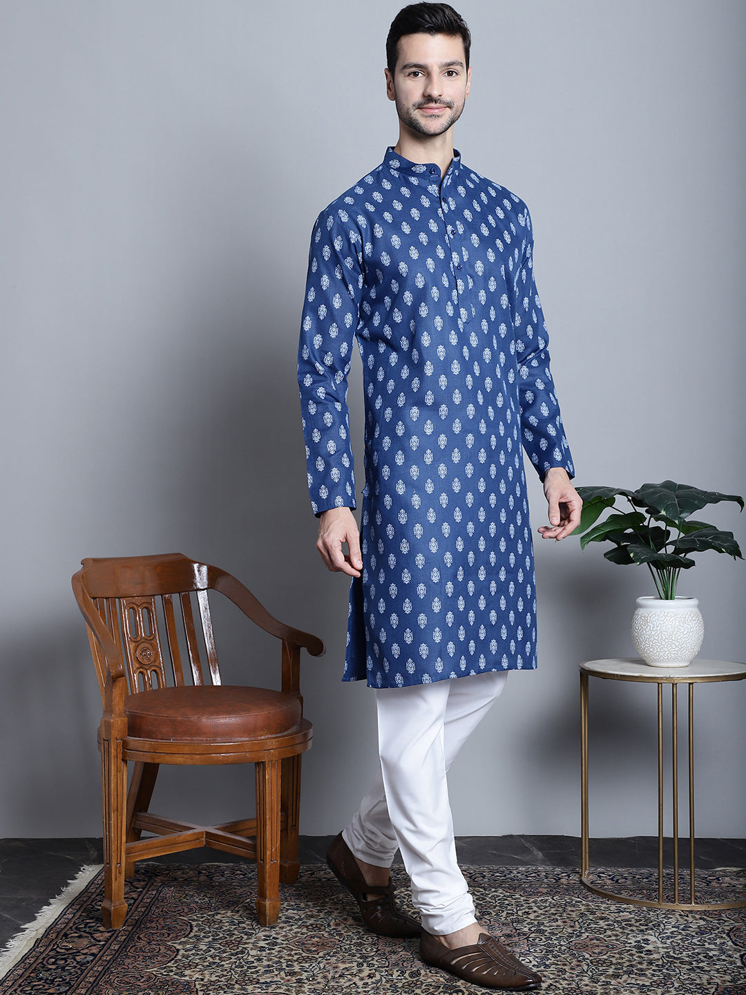 Jompers Men's Cotton Floral printed kurta Pyjama - Navy Blue