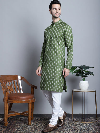 Jompers Men's Cotton Floral printed kurta Pyjama - Olive