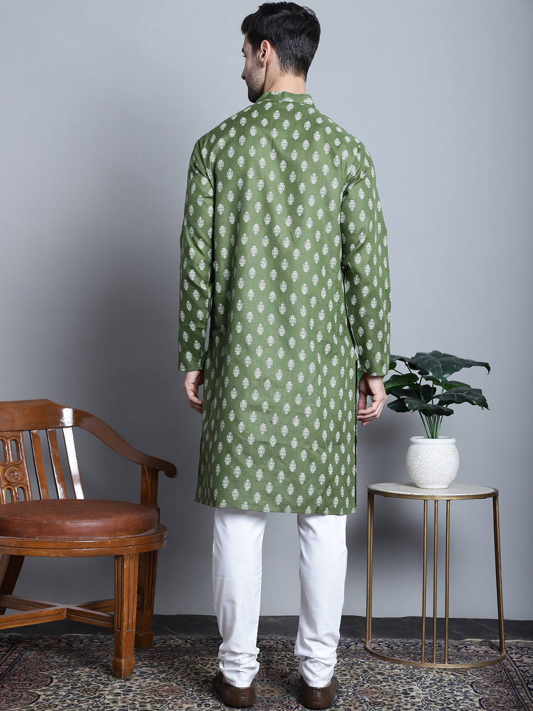 Jompers Men's Cotton Floral printed kurta Pyjama - Olive