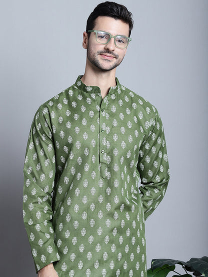 Jompers Men's Cotton Floral printed kurta Pyjama - Olive