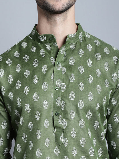 Jompers Men's Cotton Floral printed kurta Pyjama - Olive