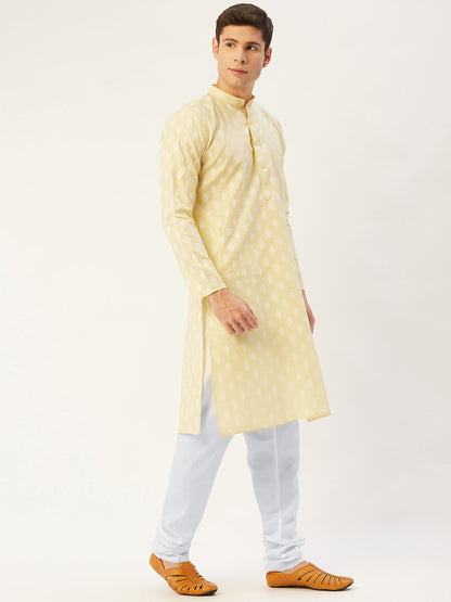 Jompers Men's Yellow Cotton Floral printed kurta Only