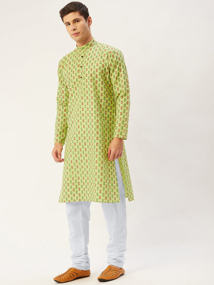 Jompers Men's Green Cotton Ikat printed kurta Only