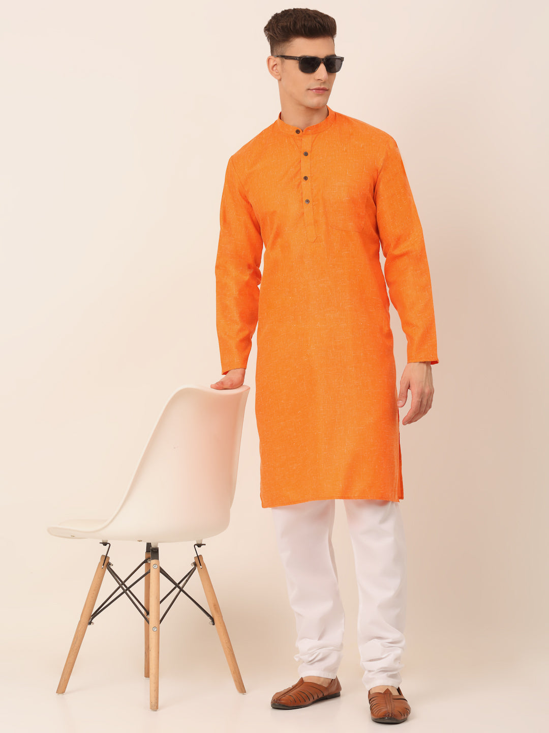 Jompers Men's Cotton Solid Kurta Pajama Sets - Orange
