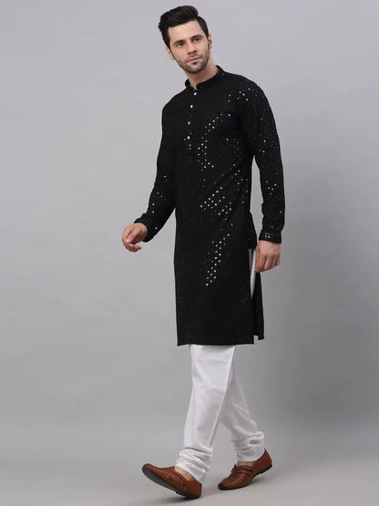 Jompers Men's Black Chikankari Embroidered and Sequence Kurta with Churidar