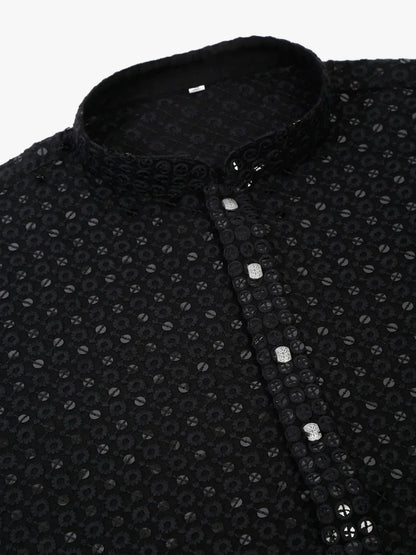 Jompers Men's Black Chikankari Embroidered and Sequence Kurta with Churidar