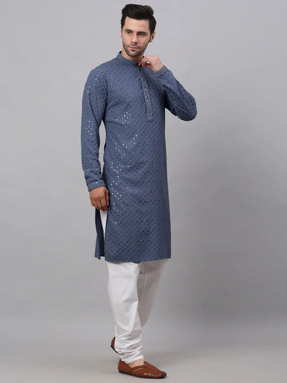 Jompers Men's Grey Chikankari Embroidered and Sequence Kurta with Churidar