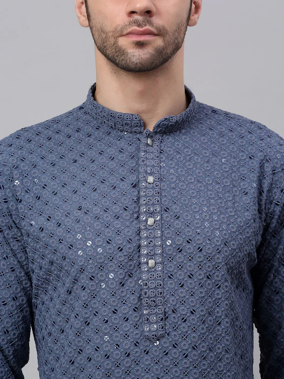 Jompers Men's Grey Chikankari Embroidered and Sequence Kurta with Churidar