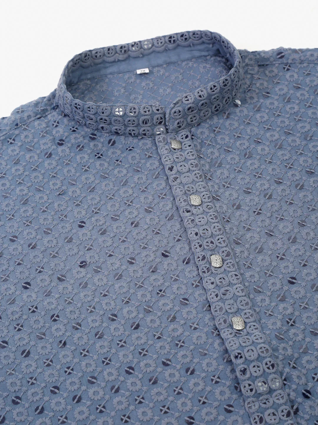 Jompers Men's Grey Chikankari Embroidered and Sequence Kurta with Churidar