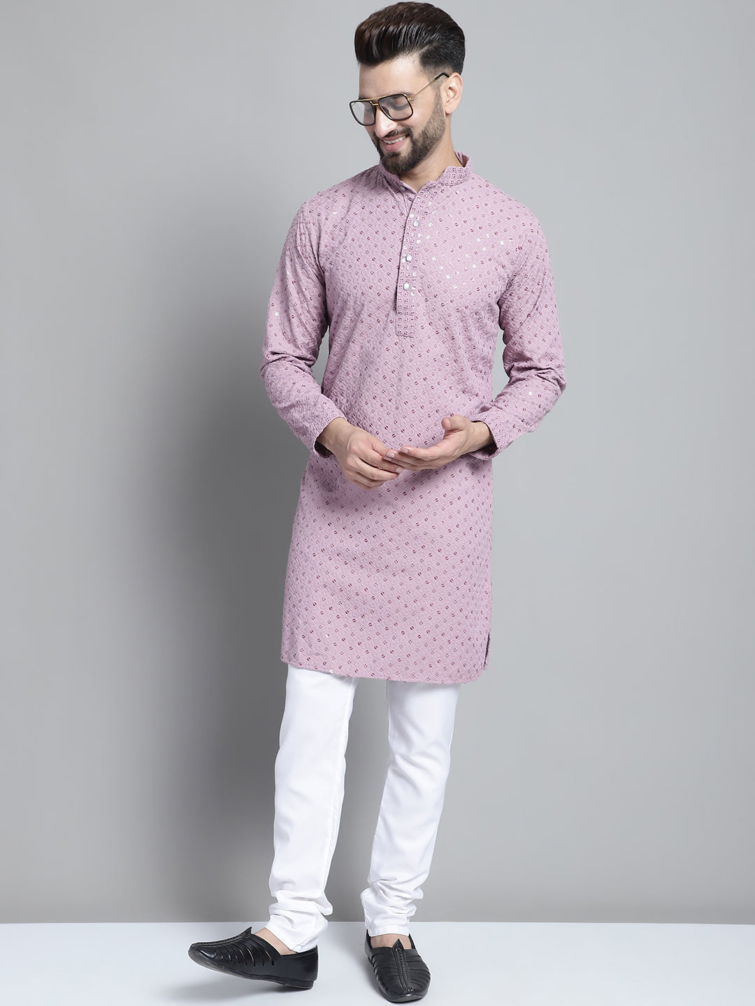 Jompers Men's Purple Chikankari Embroidered and Sequence Kurta with Churidar