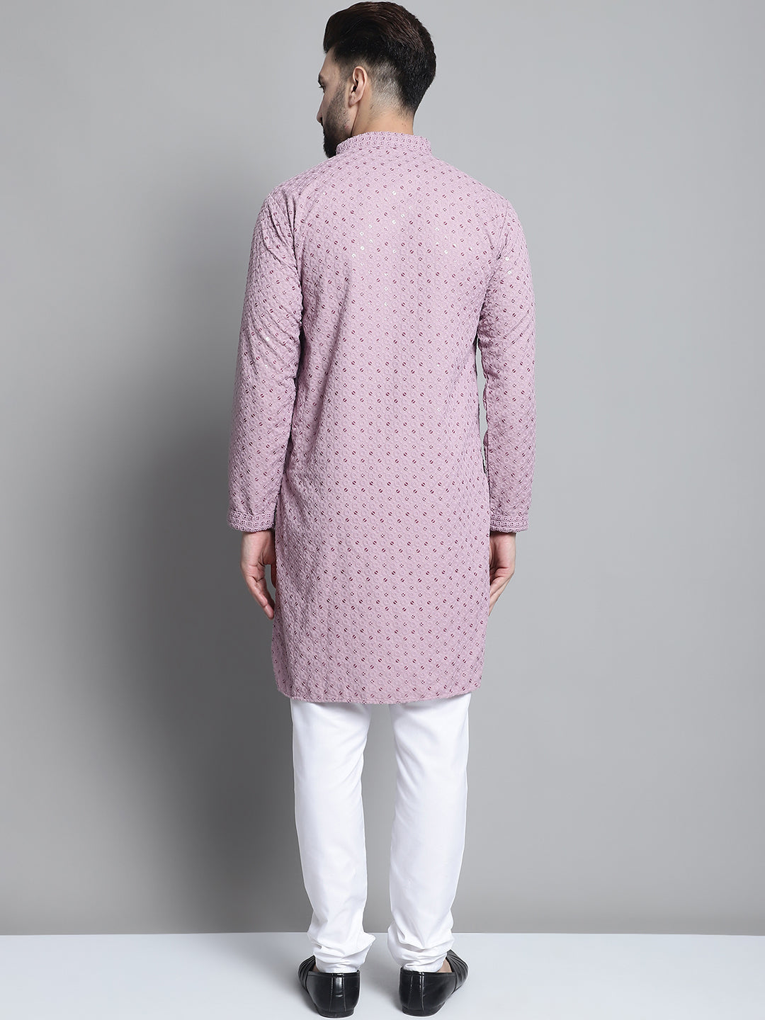 Jompers Men's Purple Chikankari Embroidered and Sequence Kurta with Churidar