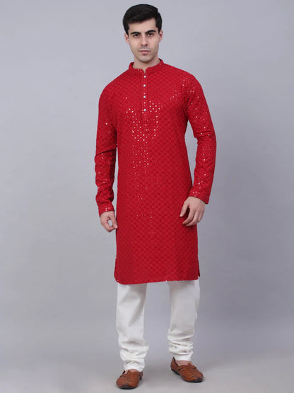 Jompers Men's Maroon Chikankari Embroidered and Sequence Kurta with Churidar