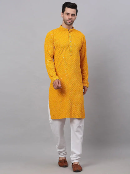 Jompers Men's Mustard Chikankari Embroidered and Sequence Kurta with Churidar