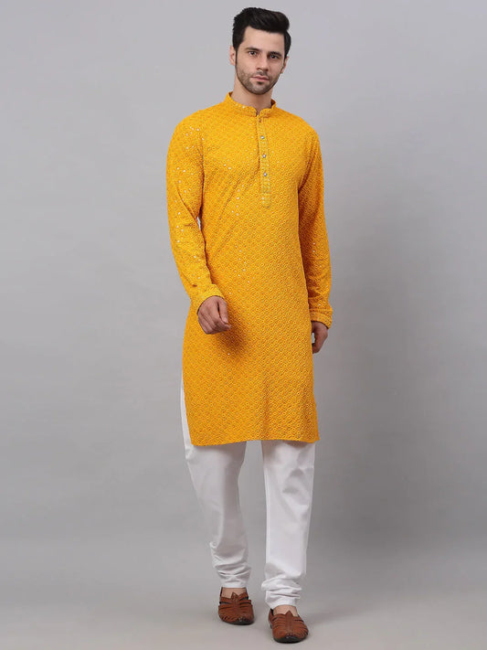 Jompers Men's Mustard Chikankari Embroidered and Sequence Kurta with Churidar