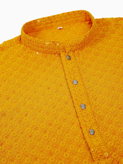 Jompers Men's Mustard Chikankari Embroidered and Sequence Kurta with Churidar