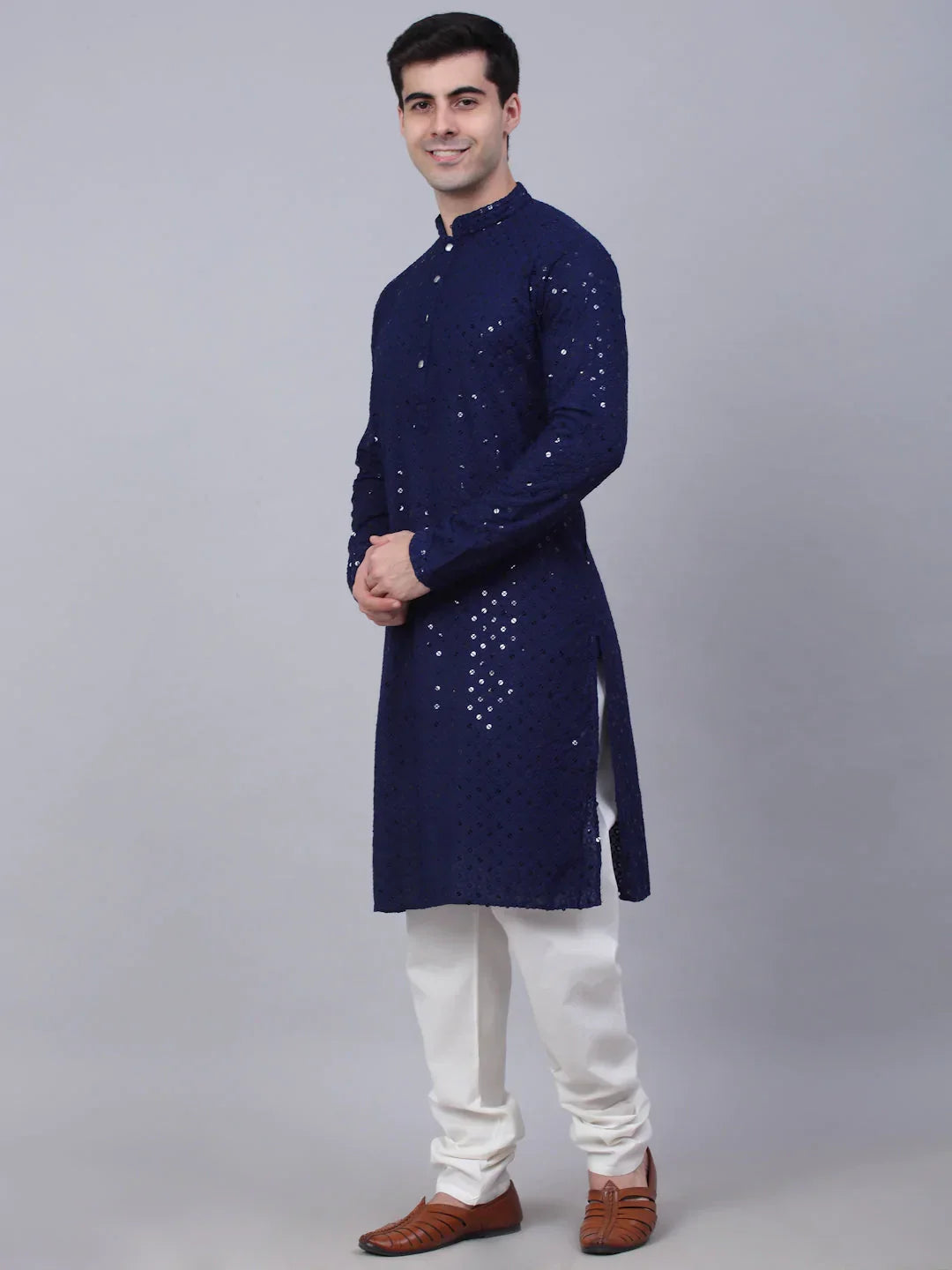 Jompers Men's Navy Blue Chikankari Embroidered and Sequence Kurta with Churidar