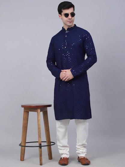 Jompers Men's Navy Blue Chikankari Embroidered and Sequence Kurta with Churidar
