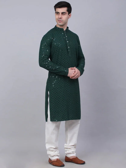 Jompers Men's Olive Green Chikankari Embroidered and Sequence Kurta with Churidar