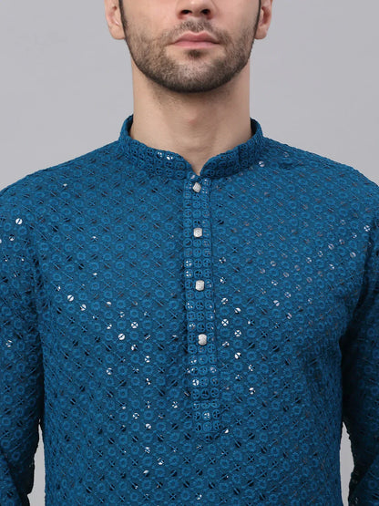 Jompers Men's Blue Chikankari Embroidered and Sequence Kurta with Churidar