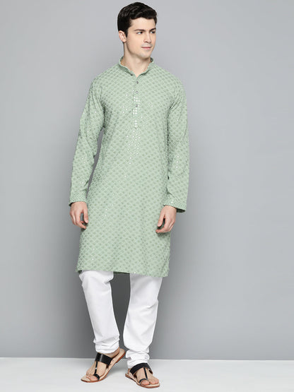 Jompers Men's Pista Green Chikankari Embroidered and Sequence Kurta with Churidar