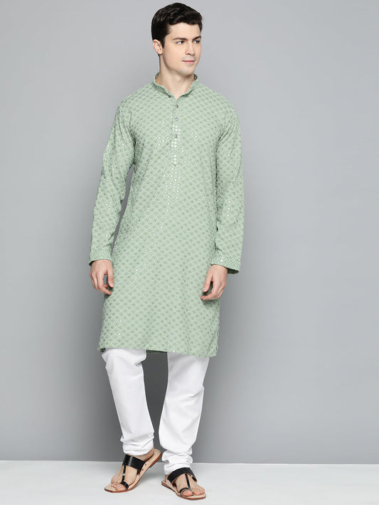 Jompers Men's Pista Green Chikankari Embroidered and Sequence Kurta with Churidar