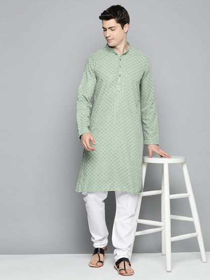 Jompers Men's Pista Green Chikankari Embroidered and Sequence Kurta with Churidar