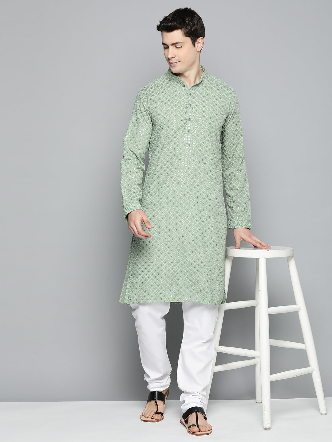 Jompers Men's Green Chikankari Embroidered and Sequence Kurta with Churidar